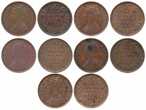 Victoria Empress, Copper ¼ Anna (5), 1887, 1892, 1894, 1900 & 1901. About Very Fine to Ver