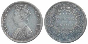 Victoria Queen, Silver ½ Rupee, 1874, Bombay Mint, B2 / II / dot (Prid 285). Very Fine.