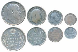 Edward VII, set of 4, Silver Rupee, ½, ¼ and 2 Annas, 1910. Fine to Very Fine. (4)
