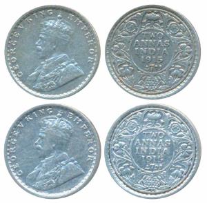 George V, Silver 2 Annas (2), 1913 and 1915, Both are Bombay Mint. About Very Fine. (2)