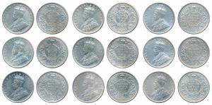 George V, Silver Rupee (9), 1912, 1913, 1914, 1915, 1916, 1917, 1918, 1919 & 1920. Very Fi