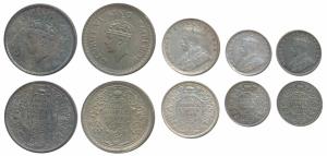 George VI, Silver ½ Rupee, 1939 &1944; George V, Silver ¼ Rupee 1928; Silver 2 Annas 1914 