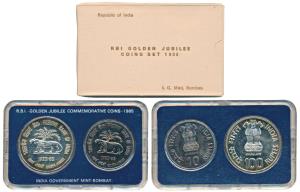 1985 Uncirculated Set, Golden Jubilee of the Reserve Bank of India, set of 2, Rupees 10 an