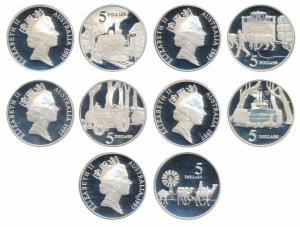 Australia, Elizabeth II, Silver 5 Dollars (5), each 35.79g, all different modes of transpo