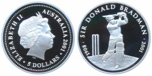 Australia, Sir Donald Bradman, Silver $5, 36.3g, 2001 (KM 761). Proof, without original bo