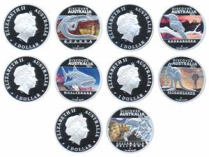Australia, Elizabeth II, Colured Silver 1 Dollar (5), each 1 ounce, complete Discover Aust