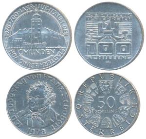 Austria, Silver 100 Schilling, 23.9g, 700th Anniversary of Gmunden Town, 1978; Silver 50 S