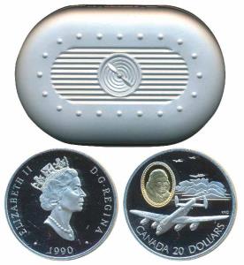 Canada, Silver 20 Dollar with Gold Cameo, 31.103g, 1990, The Avro Lancaster, an aircraft f