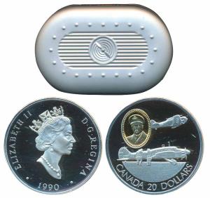 Canada, Silver 20 Dollar, with Gold Cameo, 31.103g, 1990, The Anson and the Harvard aircra