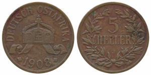 German East Africa, Bronze 5 Heller, 19.76g, 1908 J, (KM 11). Very Fine+, Scarce.