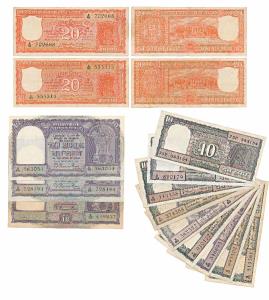 Rupees 20 (2), 1972, signed S. Jagannathan; Rupees 10, 1953, signed B. Rama Rau, value wri