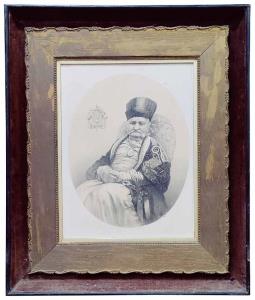 Lithograph, Sir Jamshedji Jeejeebhoy, 1st Baronet (1783-1859 AD), with his coat of arms. S