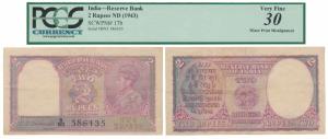 George VI, Rupees 2, 1943, signed C. D. Deshmukh (J&R 4.2.2). Graded by PCGS Very Fine 30.