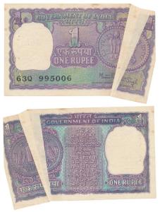 Rupee 1, signed Manmohan Singh, Error, a white patch due to paper crease, the paper folded