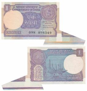 Rupee 1, signed Montek Singh Ahluwalia, Error, extra paper with part of the next note and 