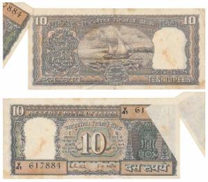 Rupees 10, signed R. N. Malhotra, Error, miss-print with extra paper, with a white patch o