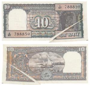 Rupees 10, signed R. N. Malhotra, Error, paper fold while printing hence has a white line 