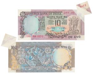Rupees 10, signed R. N. Malhotra, Error, miss-print with a white patch in top right corner