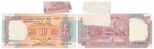 Rupees 10, signed S. Venkitaraman, Error, miss-print with extra paper, with a white patch 