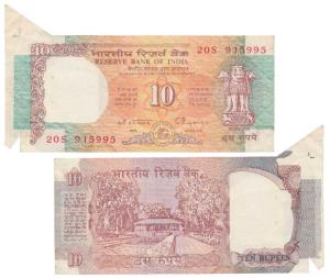 Rupees 10, signed C. Rangarajan, Error, extra paper in left margin. Slight stain at bottom