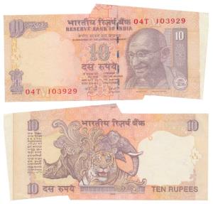 Rupees 10, signed Y. V. Reddy, Error, extra paper in right margin and miss-cut such that t
