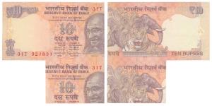 Rupees 10, signed Raghuram Rajan, Error, miss-cut the top note attached to the bottom due 