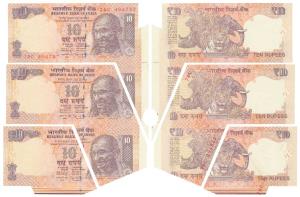 Rupees 10, signed Raghuram Rajan, Error, three consecutive miss-cut notes, all with extra 
