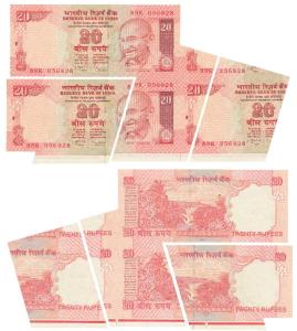 Rupees 20, signed D. Subbarao, Error, miss-cut notes, all with extra paper at bottom, the 