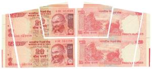 Rupees 20, signed D. Subbarao, Error, three parts, a pair of two consecutive miss-cut note