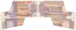 Rupees 50, signed C. Rangarajan, Error, miss-cut the top note attached to the bottom due t