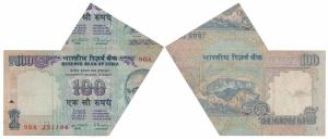 Rupees 100, signed C. Rangarajan, Error, note miss-cut with extra paper such that the top 