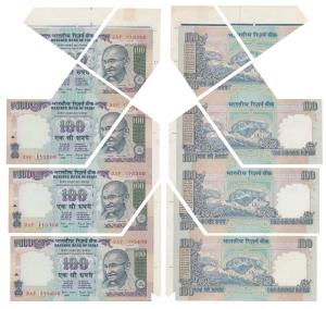 Rupees 100, signed Bimal Jalan, Error, four consecutive miss-cut into 5 pieces, all notes 