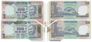 Rupees 100, signed Y. V. Reddy, Error, a pair of two consecutive miss-cut notes, both with