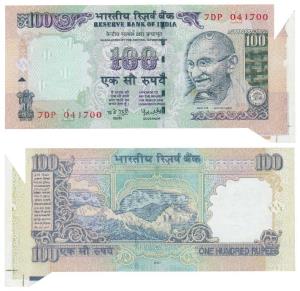Rupees 100, signed Y. V. Reddy, Error, margin with extra paper to the right, unevenly cut.