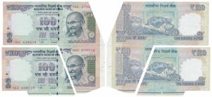 Rupees 100, signed D. Subbarao, Error, a pair of two consecutive miss-cut notes, both with