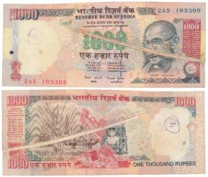 Rupees 1000, signed Bimal Jalan, Error, paper fold while printing hence has a line running
