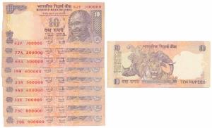 Rupees 10, signed Y. V. Reddy, fancy numbers 100000 to 900000. Uncirculated, Rare. (9)