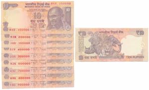 Rupees 10, signed D. Subbarao, fancy numbers 100000 to 900000. Uncirculated, Rare. (9)