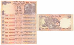 Rupees 10, the first signed D. Subbarao and the rest signed Raghuram Rajan, fancy numbers 