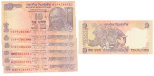 Rupees 10, signed D. Subbarao, fancy number Star notes serial number 01F*786587, 02F*78658