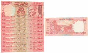 Rupees 20, signed Y. V. Reddy, fancy numbers 000001 to 000010. Uncirculated (10)