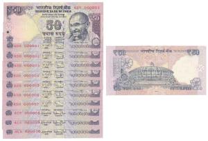 Rupees 50, signed D. Subbarao, fancy numbers 000001 to 000010. Uncirculated (10)