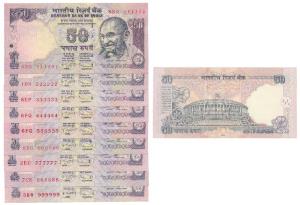 Rupees 50, signed D. Subbarao, fancy numbers 111111 to 999999. Uncirculated, Rare. (9)