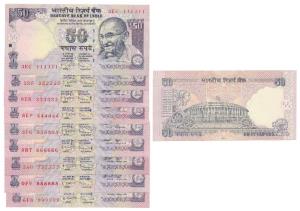 Rupees 50, signed D. Subbarao, fancy numbers 111111 to 999999. Uncirculated, Rare. (9)