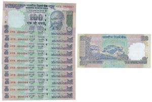 Rupees 100, signed Y. V. Reddy, fancy numbers 000001 to 000010 with Inset E. Uncirculated 