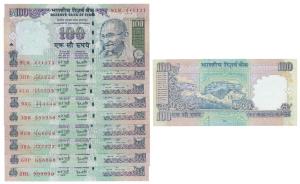 Rupees 100, signed Y. V. Reddy, fancy numbers 111111 to 999999. Uncirculated. (9)