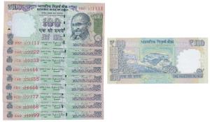 Rupees 100, signed Raghuram Rajan, fancy numbers 111111 to 999999 with Inset R without Bra