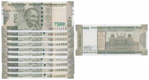 Rupees 500, signed Urjit Patel, fancy numbers 111111 to 999999 and 1000000, last note the 