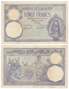 Algeria, Allied Occupation, 20 Francs, 1941, watermark Banque De L’Algerie (KM 92). About 