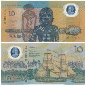 Australia, 10 Dollars, Bicentennial Commemorative issue, front: colonists across backgroun